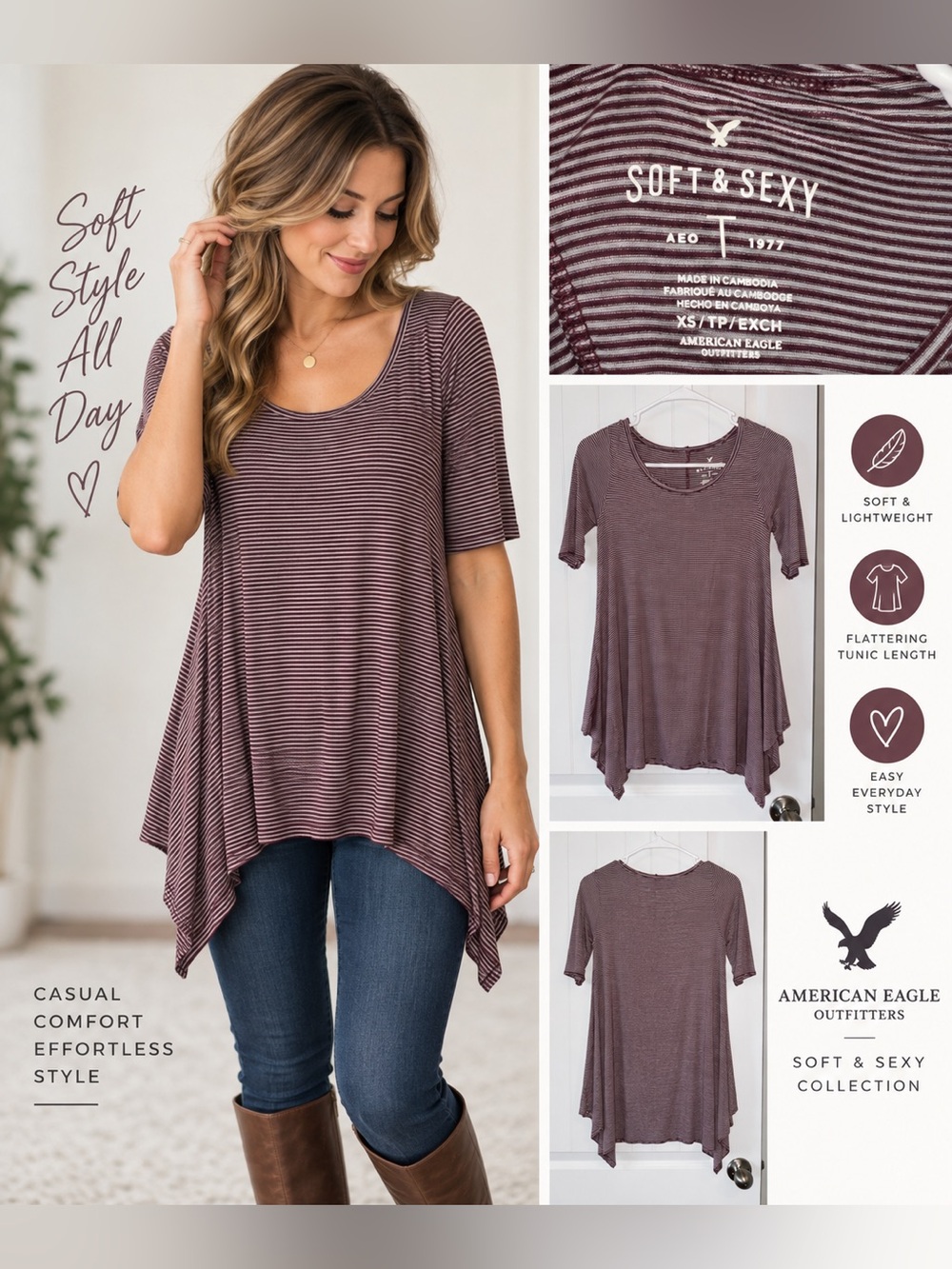 American Eagle Outfitters Soft & Sexy Mauve Striped Scoop Neck Tunic